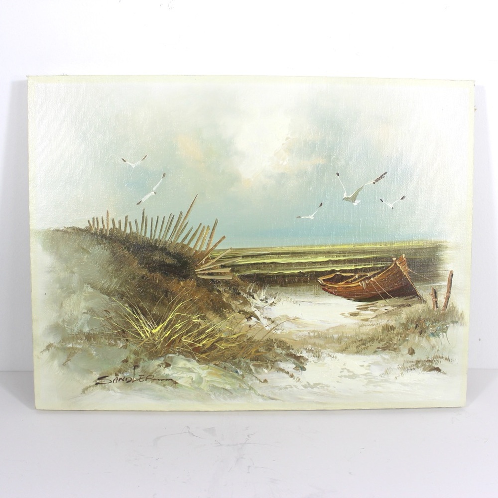 Vintage Oil Painting, Seascape, Beach Scene Boat Sand Dunes Waves Seagulls Beach